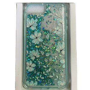 Clear Case with Blue Flowers and Floating Glitter iPhone 6S Plus 7 Plus 8 Plus